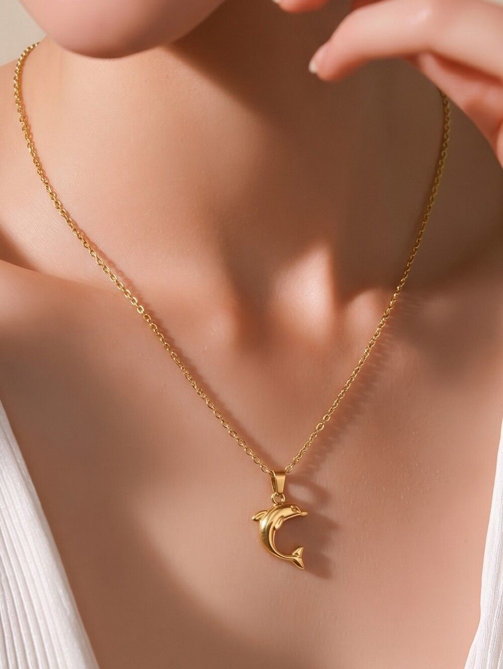 Gold Dolphin Pendant Necklace Stainless Steel Ocean Animal Coastal Charm Gift